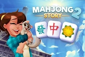 Egy boldog fiatal nő kockás ingben egy macskát tart a karjában egy napsütéses háttér előtt, mellette három mahjong csempe látható