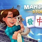 Egy boldog fiatal nő kockás ingben egy macskát tart a karjában egy napsütéses háttér előtt, mellette három mahjong csempe látható