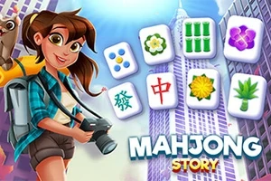 Fiatal lány hátizsákkal és fényképezőgéppel, mahjong csempékkel és felhőkarcolóval a háttérben