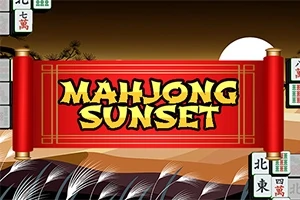 Vörös háttérrel ellátott felirat naplementés tájképpel és mahjong csempékkel