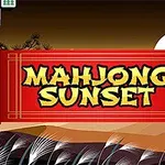Vörös háttérrel ellátott felirat naplementés tájképpel és mahjong csempékkel