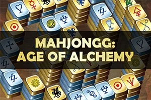 Különféle szimbólumokkal ellátott mahjong lapokkal borított felület, középen Mahjongg: Age of Alchemy szöveggel