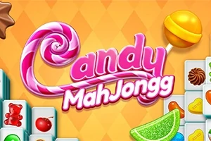Színes cukorkák és gyümölcsök képei, valamint Candy MahJongg felirat egy narancssárga háttéren
