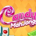 Színes cukorkák és gyümölcsök képei, valamint Candy MahJongg felirat egy narancssárga háttéren