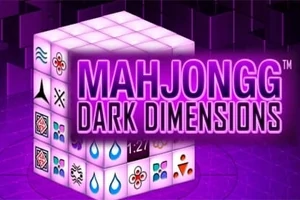 Kocka alakú, szimbólumokkal ellátott játékelemek, melyek felett nagy betűkkel „Mahjongg Dark Dimensions” felirat szerepel, lila háttérrel