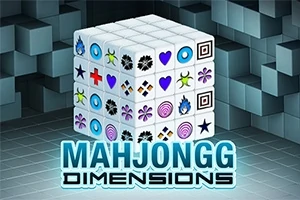 Egy 3D-s kocka különböző szimbólumokkal, körülötte lebegő geometriai minták és a Mahjongg Dimensions felirat
