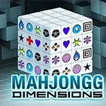 Egy 3D-s kocka különböző szimbólumokkal, körülötte lebegő geometriai minták és a Mahjongg Dimensions felirat