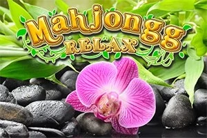 Színes Mahjongg Relax felirat egy lila orchidea és fekete kövek előtt, zöld levelek keretében