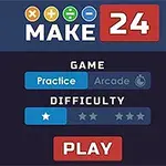 Sötét háttér előtt MAKE 24 felirat, játékmód és nehézségi szint választási lehetőségekkel, valamint egy piros PLAY gomb