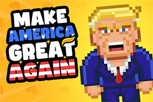 Sárga háttér előtt egy pixeles stílusú férfi karakter kék öltönyben, piros nyakkendővel és mellette a MAKE AMERICA GREAT AGAIN felirat