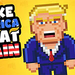 Sárga háttér előtt egy pixeles stílusú férfi karakter kék öltönyben, piros nyakkendővel és mellette a MAKE AMERICA GREAT AGAIN felirat