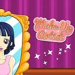 Egy aranyszínű keretben lévő tükörben egy rövid, fekete hajú rajzolt lány látható rózsaszín felsőben, mellette Make-Up Artist felirat egy lila csíkos háttér előtt