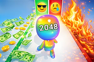 Szivárványszínű 3D figura „2048 feliratú fejjel, repülő pénzekkel balra és lángoló tűzfallal jobbra