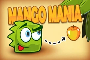 Zöld, tüskés karakter nagy szemekkel egy mangó felé néz, mellette Mango Mania szöveggel