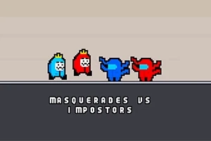 Három egyszerűen rajzolt karakter közül kettő koronával a fején áll egy szürke platformon, és a kép alján Masquerades vs Impostors felirat látható