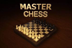 Sakk-készlet barna háttérrel és MASTER CHESS felirattal