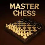 Sakk-készlet barna háttérrel és MASTER CHESS felirattal