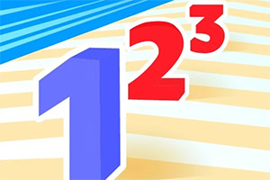 Kék 1-es és piros 2-es, 3-as szám fehér-sárga csíkos háttér előtt