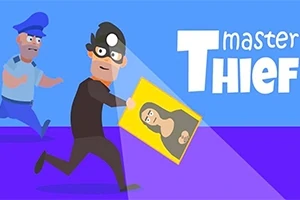 Egy rajzfilmfigura rabló fut, kezében egy festménnyel, miközben egy rendőr üldözi, a háttérben a master Thief felirat látható