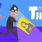 Egy rajzfilmfigura rabló fut, kezében egy festménnyel, miközben egy rendőr üldözi, a háttérben a master Thief felirat látható