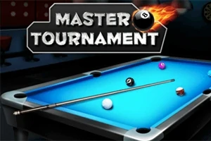Egy biliárd asztal, rajta labdák és dákó, a háttérben MASTER TOURNAMENT felirattal