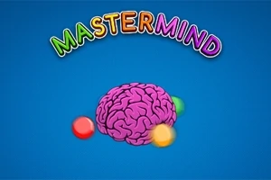 Színes, vidám betűkkel írt Mastermind felirat egy rózsaszín agy ábrával és körülötte színes gömbökkel, kék háttér előtt