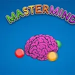 Színes, vidám betűkkel írt Mastermind felirat egy rózsaszín agy ábrával és körülötte színes gömbökkel, kék háttér előtt