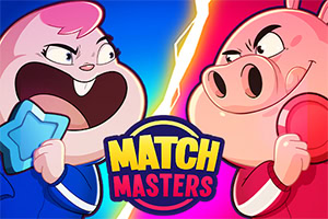 Két rajzfilmszerű karakter dühös arckifejezéssel néz egymásra, kék és piros öltözékben, középen MATCH MASTERS felirattal