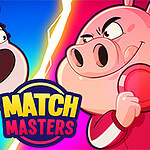 Két rajzfilmszerű karakter dühös arckifejezéssel néz egymásra, kék és piros öltözékben, középen MATCH MASTERS felirattal