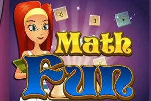 Rajzolt vörös hajú lány könyvvel, háttérben lebegő számok és matematikai jelek, valamint a „Math Fun” felirat