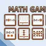 Matematikai játékok ikonok rajzfilm stílusban, különböző számtani feladatokkal és alakzatokkal, világoskék háttérrel