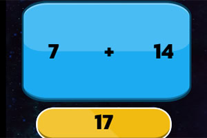 Kék háttérrel egy matematikai feladat látható, ahol 7 + 14 van megjelenítve, alatta sárga gombon a 17-es szám