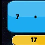 Kék háttérrel egy matematikai feladat látható, ahol 7 + 14 van megjelenítve, alatta sárga gombon a 17-es szám