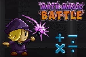 Egy rajzolt varázsló karakter lila ruhában varázspálcát tart, mellette matematikai jelek és a Math Magic Battle felirat