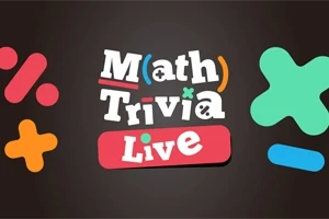 Színes matematikai szimbólumok és Math Trivia Live szöveg fekete háttérrel