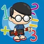 Rajzfilmszerű karakter nagy szemüveggel, billentyűzettel és bögrével, színes matematikai szimbólumokkal a háttérben