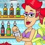 Egy rajzfilm stílusú jelenet, ahol egy nő italokat készít, miközben egy zöld bőrű karakter áll mellette