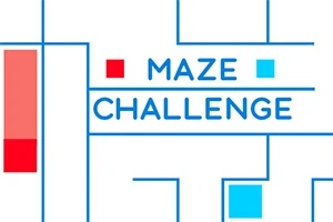 Kék vonalakból álló labirintus, középen a MAZE CHALLENGE felirattal, körülötte piros és kék négyzetek