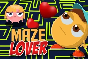 Két rajzfilmszerű figura egy labirintus háttér előtt, szívek és a Maze Lover felirat
