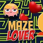 Két rajzfilmszerű figura egy labirintus háttér előtt, szívek és a Maze Lover felirat