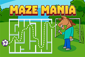 Kép egy labirintust mutat be, melyben egy futball-labda látható, jobbra pedig egy ló áll kapu előtt, miközben a Maze Mania felirat szerepel a felső részen