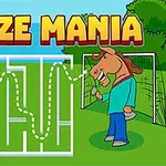 Kép egy labirintust mutat be, melyben egy futball-labda látható, jobbra pedig egy ló áll kapu előtt, miközben a Maze Mania felirat szerepel a felső részen