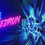 Neon színű MAZE SPEEDRUN felirat és stilizált, kék-színvonalú futó figura dinamikus háttér előtt