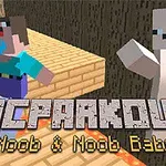 Blokkos figurák parkour kihívást teljesítenek lávafolyam felett fa platformokon, alul MCPARKOUR Noob & Noob Baby szöveggel