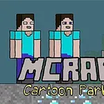 Két kockafigurát ábrázoló kép, akik kék ruhában állnak, a szöveg pedig a MCRAFT Cartoon Parkour feliratot tartalmazza