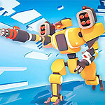 Egy sárga robot fegyverrel a kezében küzdelmet folytat egy kék-fehér háttér előtt, miközben kisebb robotok lebegnek körülötte