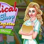 Egy animált nővér mosolyogva áll egy gyógyszertári banner előtt, amelyen az orvosi bolt kifejezések és gyógyszerészeti elemek láthatók