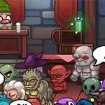 Egy rajzfilmszerű jelenet, ahol különböző fantasy karakterek, mint például goblinok és zombik, egy kocsmában gyülekeznek, miközben egy szakállas férfi pult mögött áll