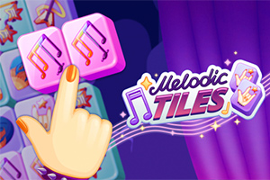 Egy kéz megérint két lila, zenei jegyekkel ellátott csempét, mellette Melodic Tiles felirat látható