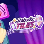 Egy kéz megérint két lila, zenei jegyekkel ellátott csempét, mellette Melodic Tiles felirat látható
